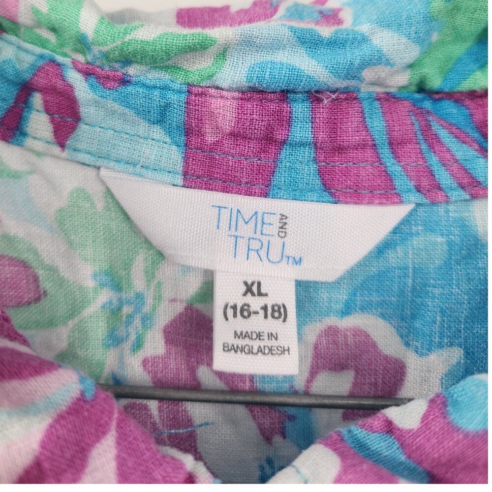 Time & Tru Blue Floral Print Button Down Short Sleeve Top Womens Size XL (16-18) - Picture 3 of 4